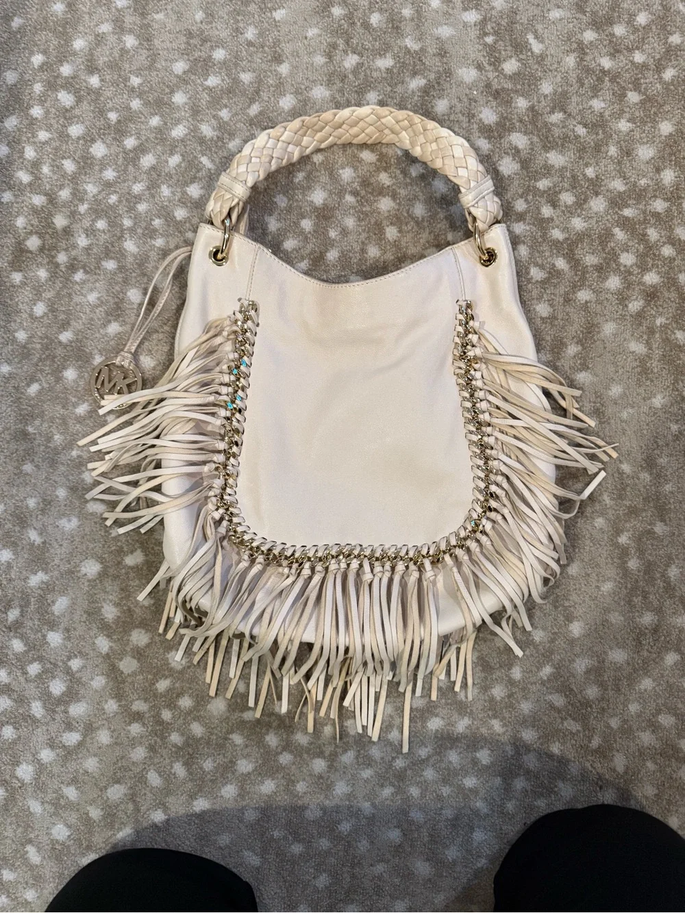 Authentic Michael Kors Vienna Cream Leather Fringe Hobo Bag Gold Chain